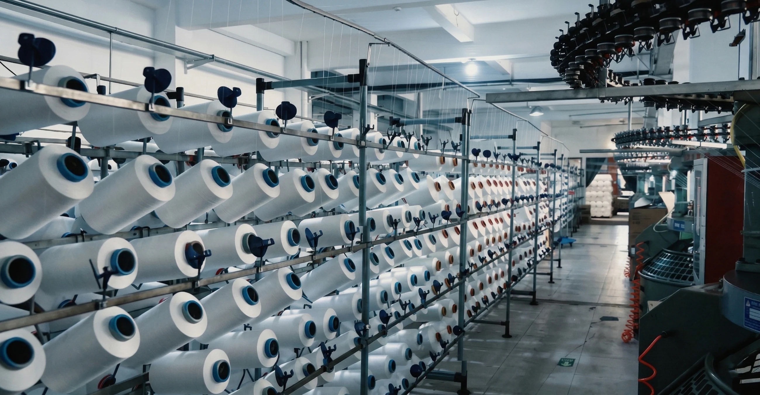 Knitting workshop with rows of microfiber yarn cones